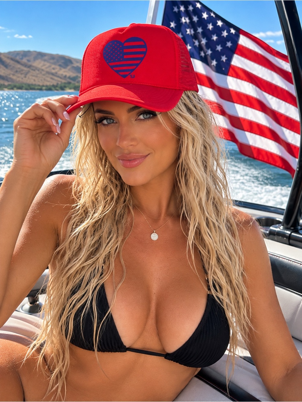 Women's Red Heart Flag Trucker Hat - Casual Mesh Cap